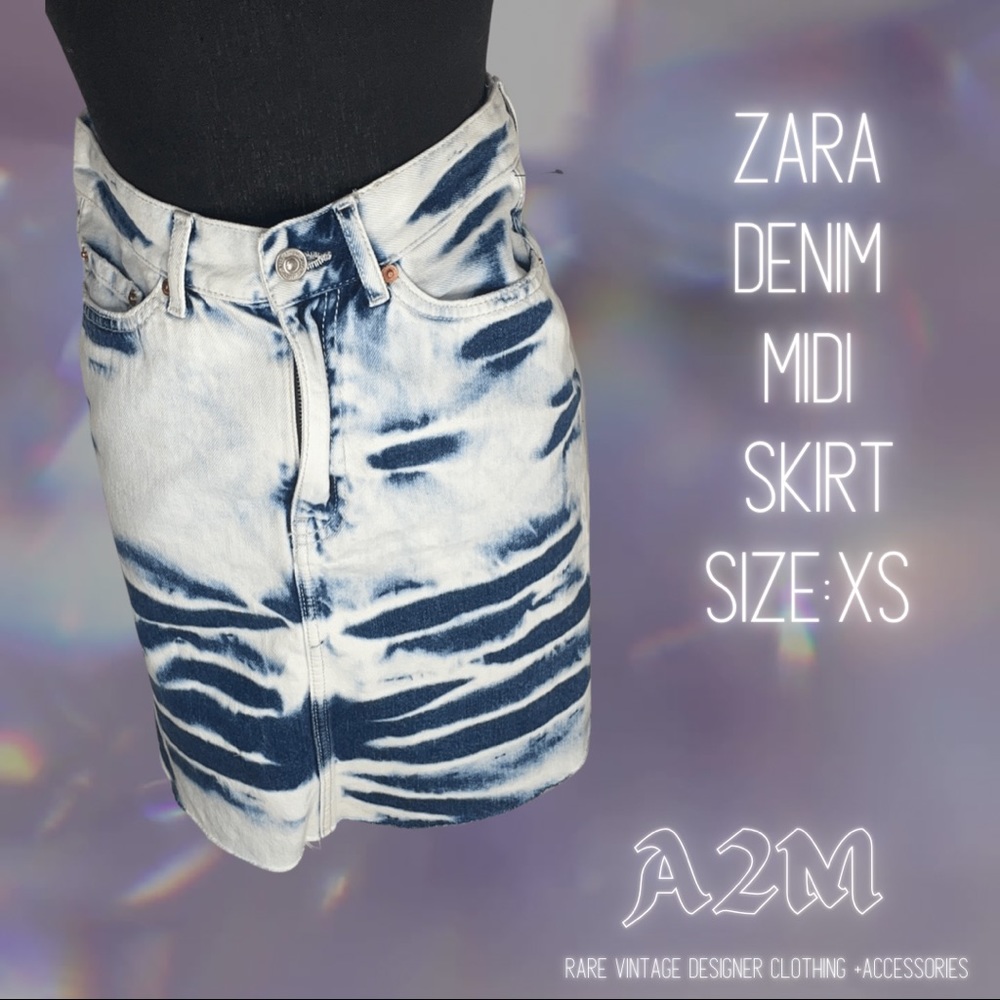 Zara Bleached Distressed Denim MIDI  Skirt Size XS